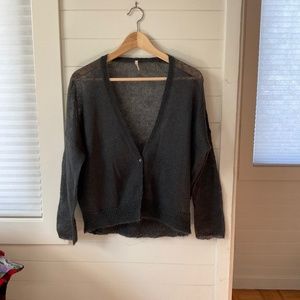 Slate grey, loose knit cardigan. Designer LIAM.